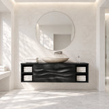 Refined bathroom vanity in natural solid wood with two doors and side towel cubbies