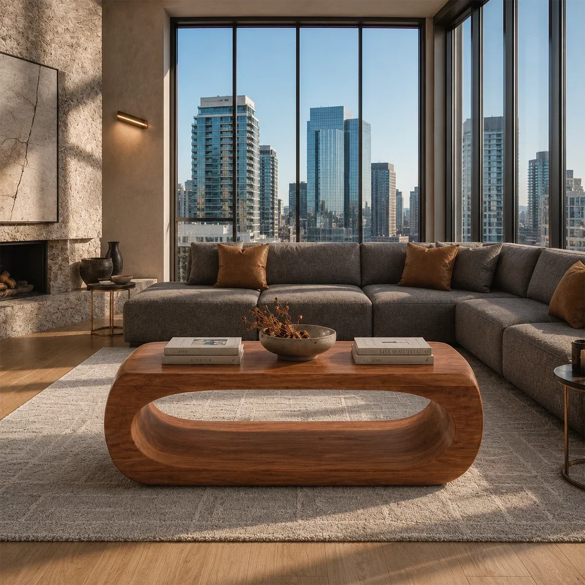 Sculptural coffee table with rounded open base and solid wood grain in a modern city room