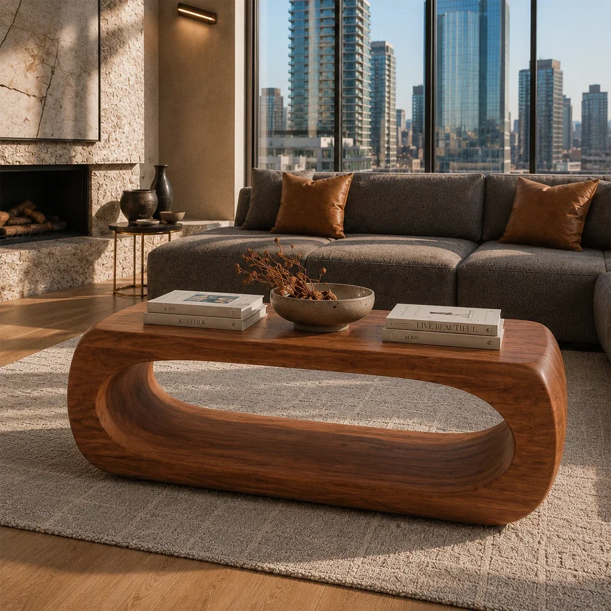 Living room coffee table with curved frame and open center for refined contemporary spaces