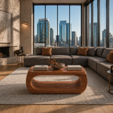 Premium coffee table with sculptural open base and rounded edges for elegant interiors