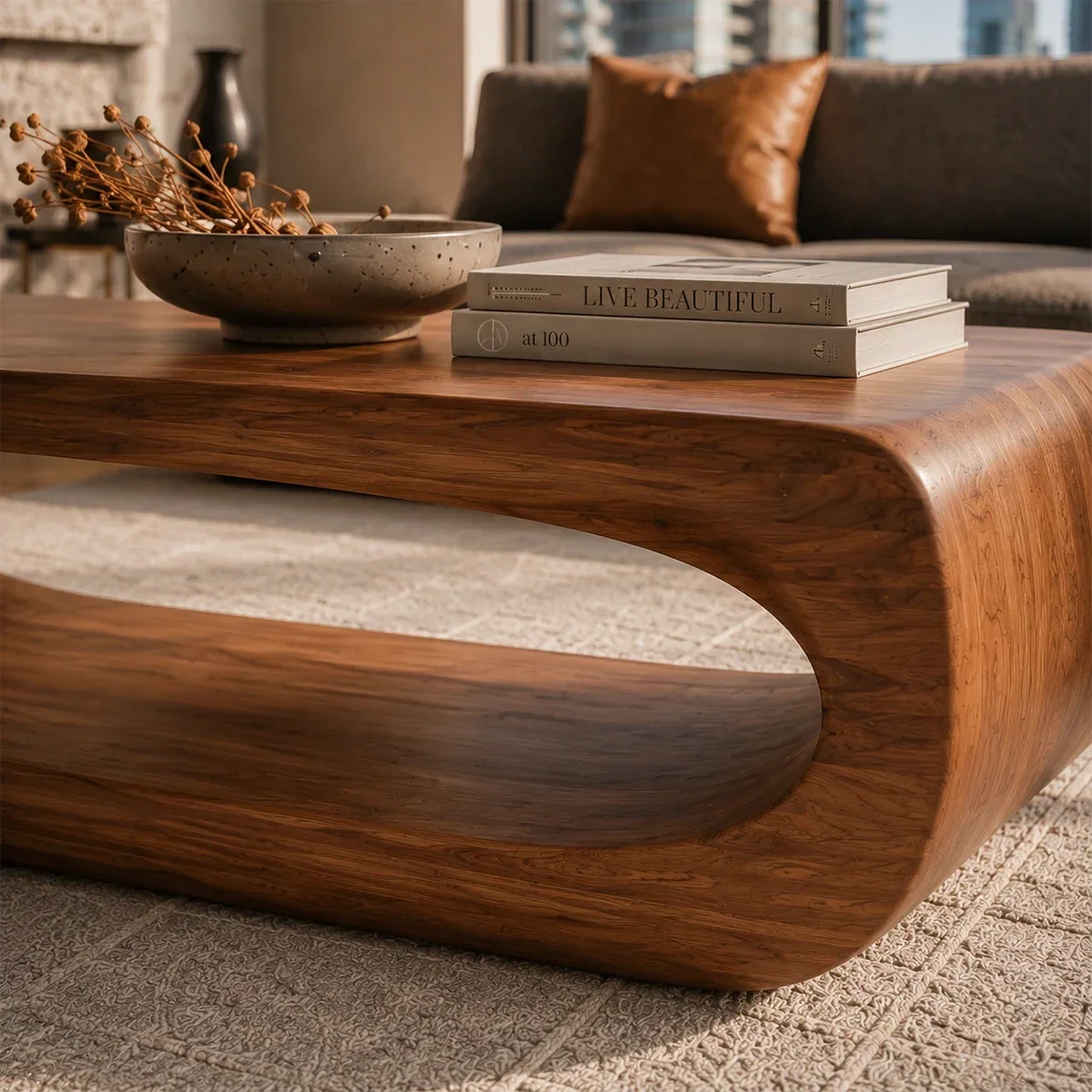 Organic coffee table with flowing edges and a bold solid wood base for upscale interiors