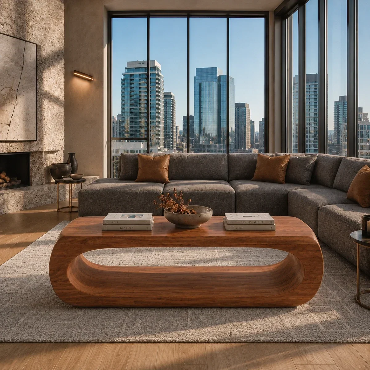 Minimalist coffee table with bold curved silhouette and solid wood form for calm interiors
