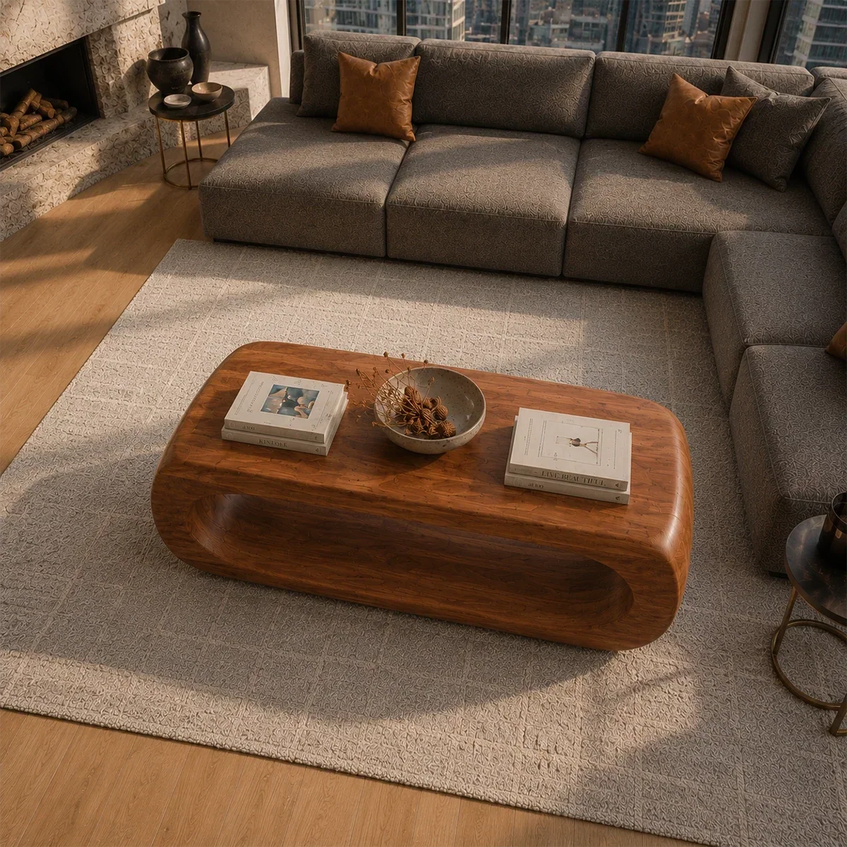 Designer coffee table with rounded rectangular form and sculpted support for modern rooms
