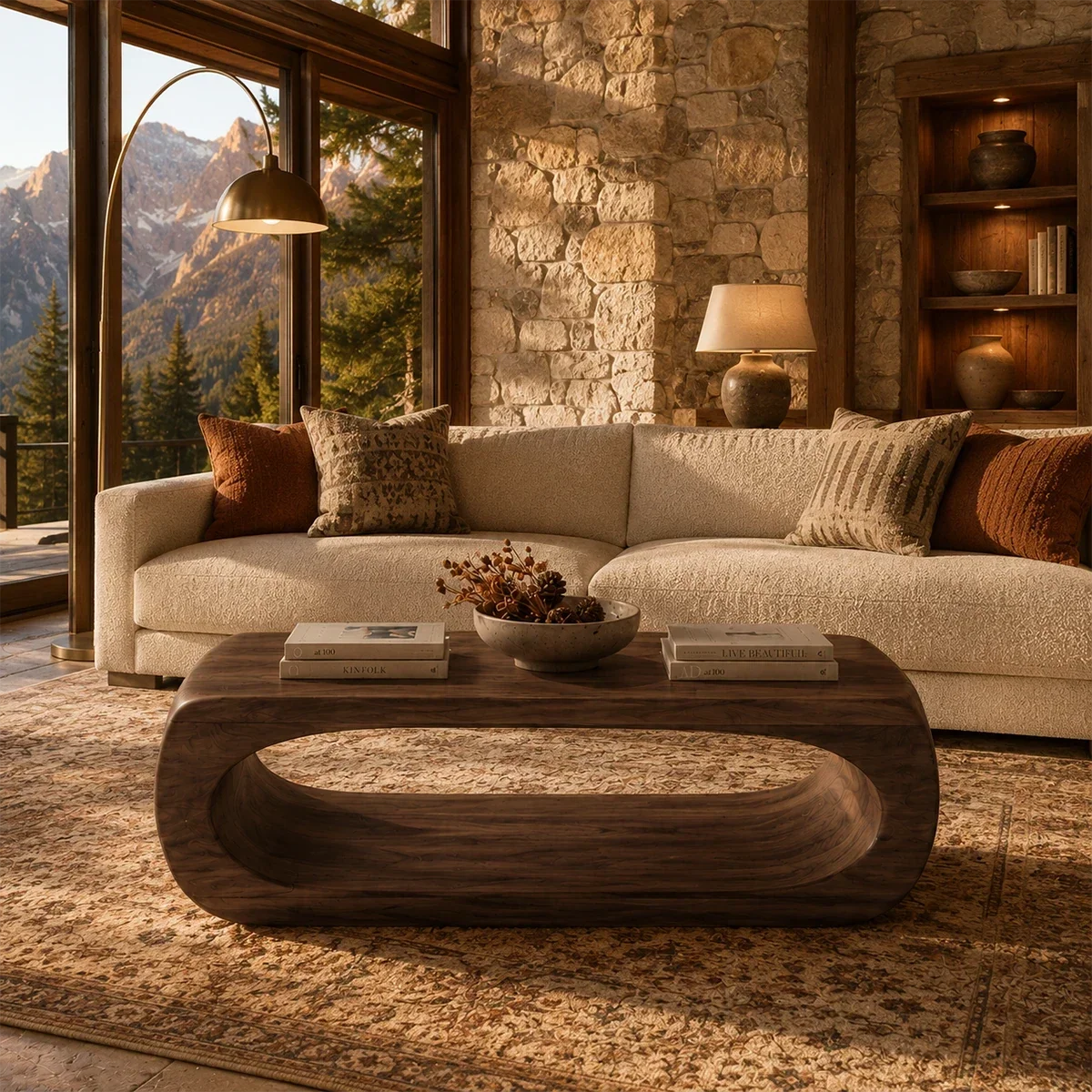 Low profile coffee table with open loop base and broad solid wood top for stylish rooms