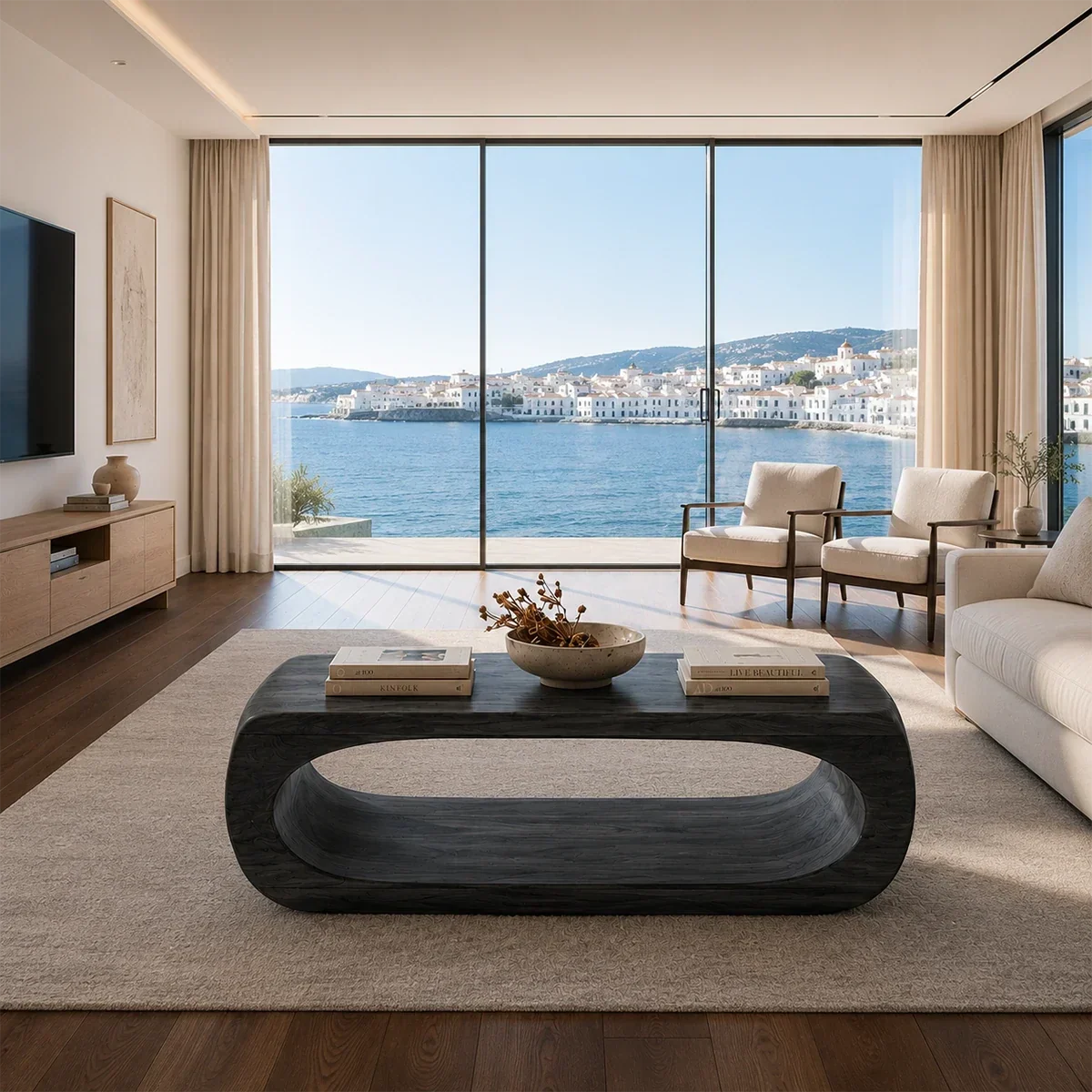 Contemporary coffee table with rounded corners and open base for bright urban interiors