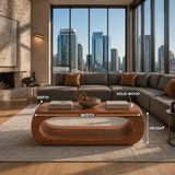 Artisan coffee table with seamless solid wood curves and generous surface for modern homes