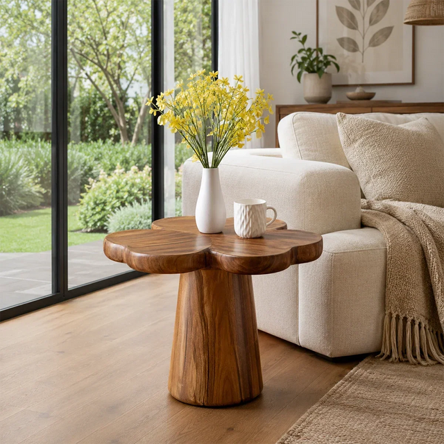 Sculptural end table with petal top and warm wood tone finish beside a modern sofa