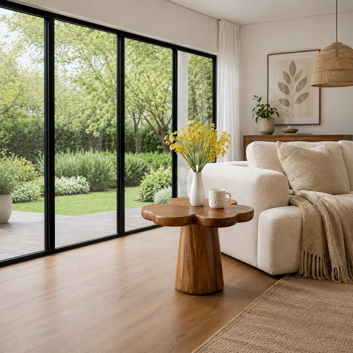 Organic modern side table styled by soft seating in a bright garden view interior