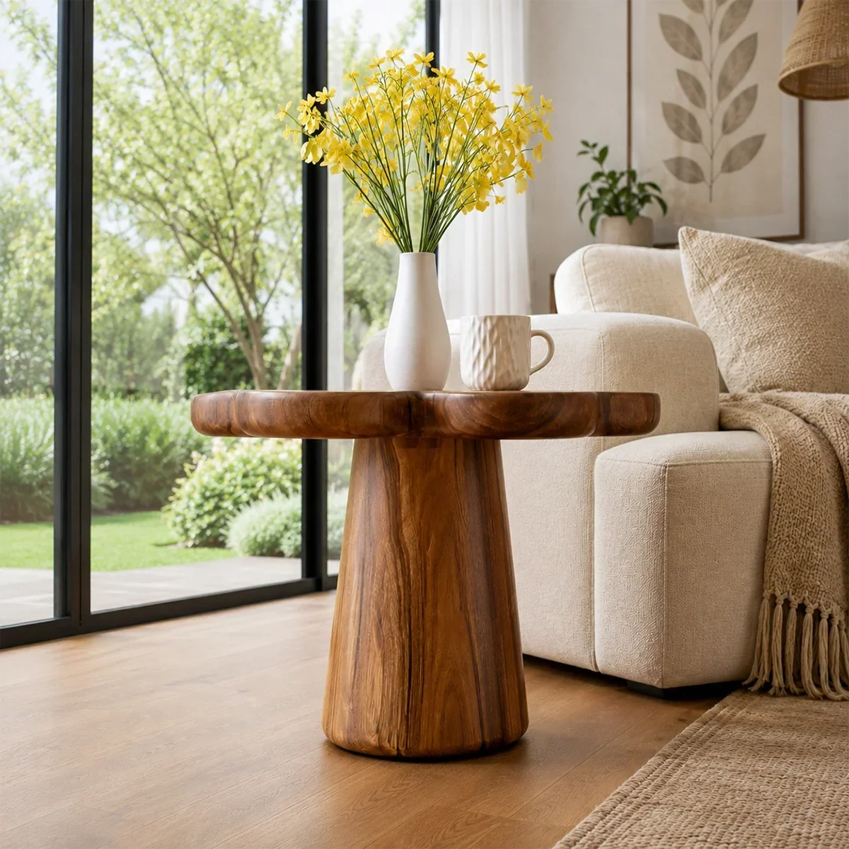 Designer side table with rounded petals and visible grain for refined living spaces