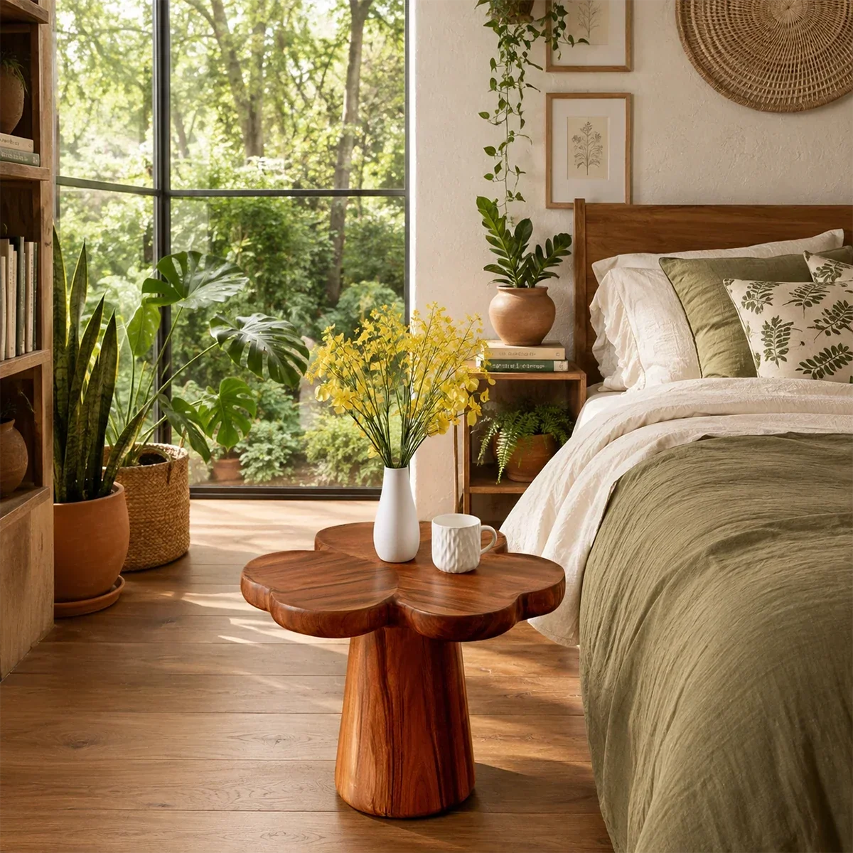 Curved side table adds floral character and practical surface to serene interiors
