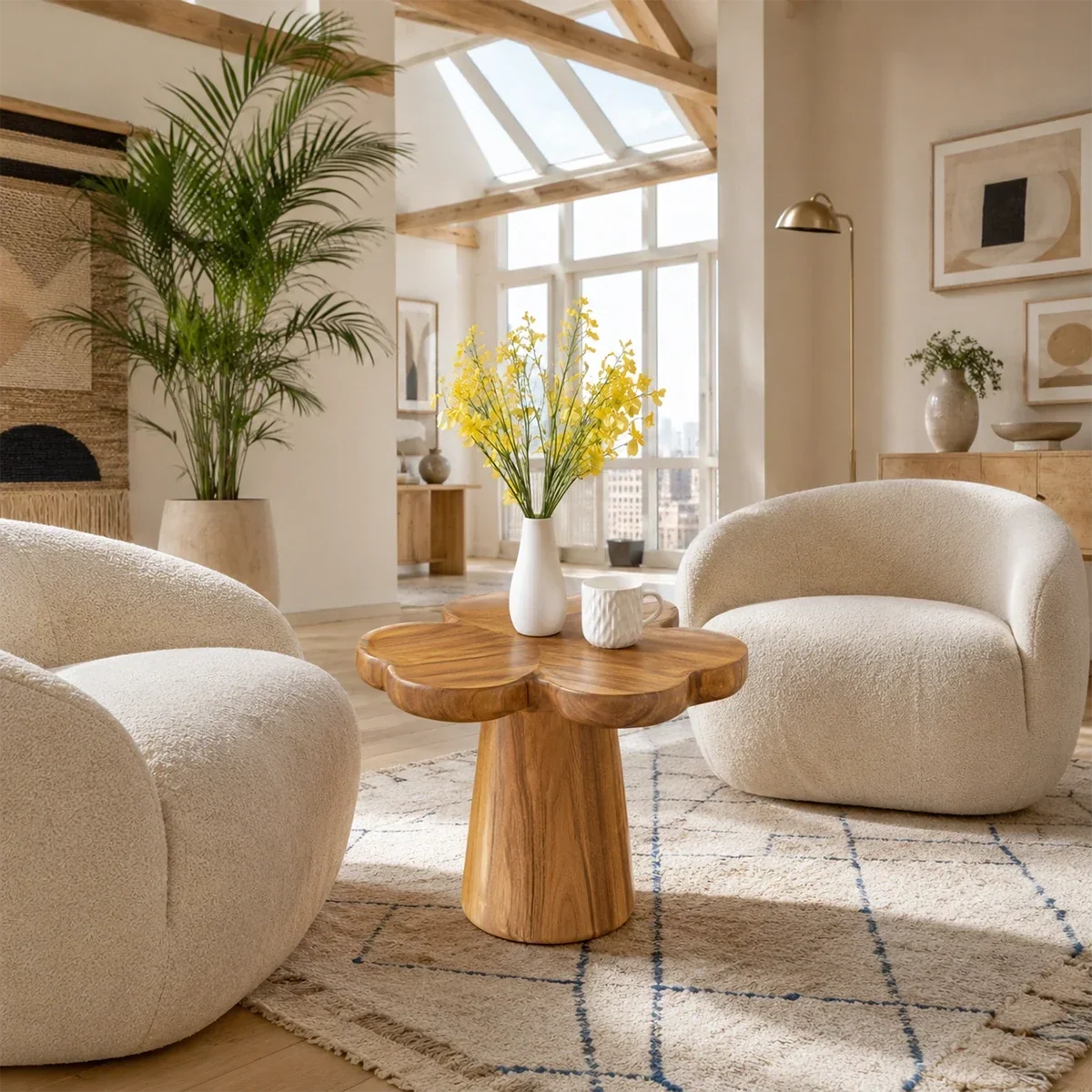 Statement end table with clover inspired top in a calm contemporary living room space