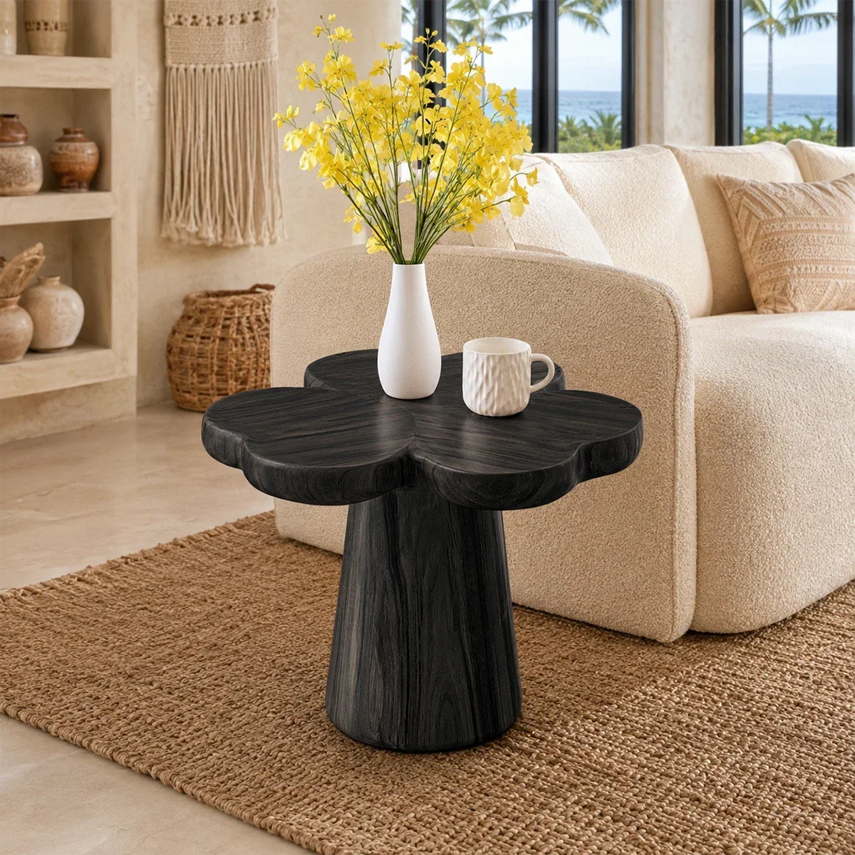Contemporary end table showcases soft curves and warm wood tone near a bright window