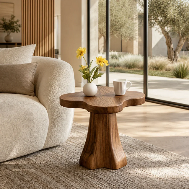 Sculptural end table with clover top and warm wood tone finish in a bright living room