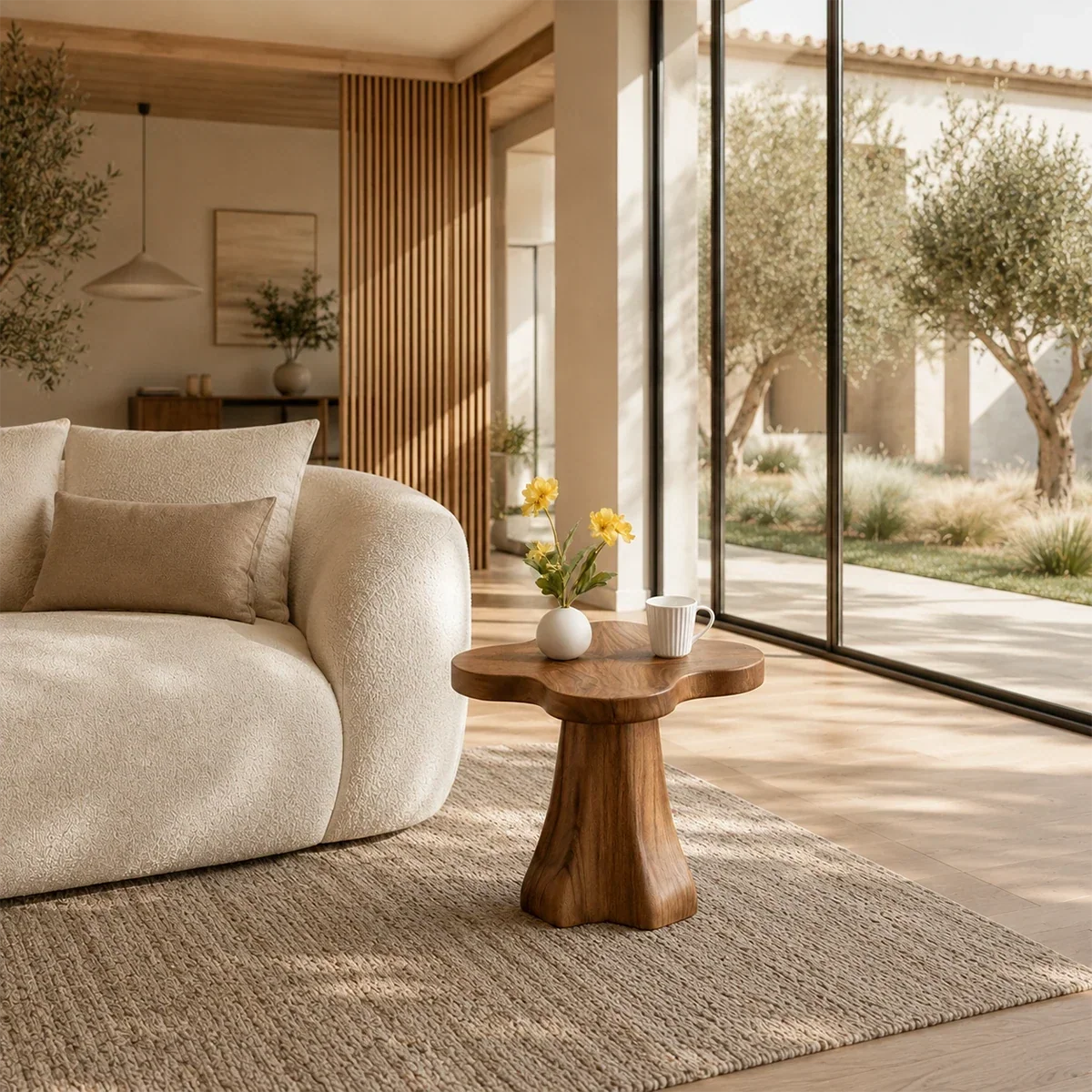 Organic modern side table styled beside curved seating in a calm neutral interior