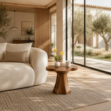 Organic modern side table styled beside curved seating in a calm neutral interior