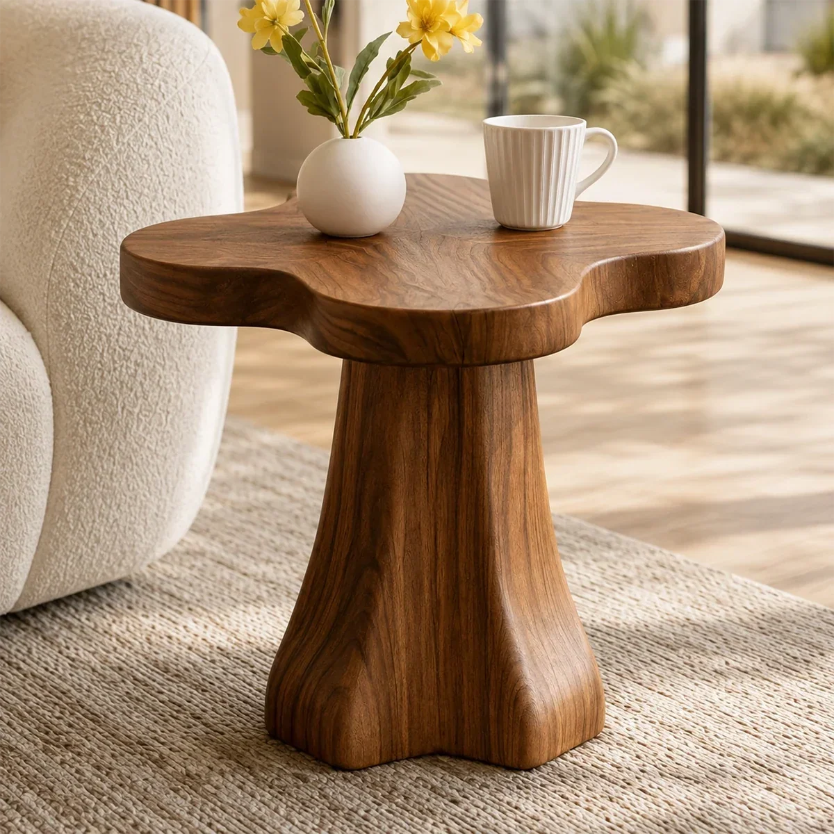 Accent end table featuring a rounded petal top and sculpted pedestal base indoors