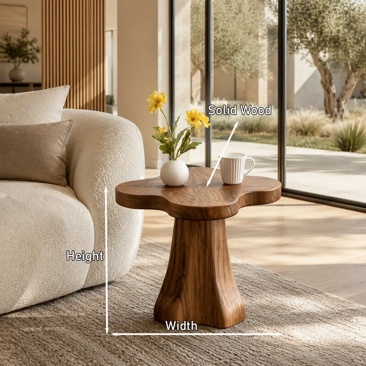 Contemporary end table showcases soft curves and warm wood tone in an airy room setting