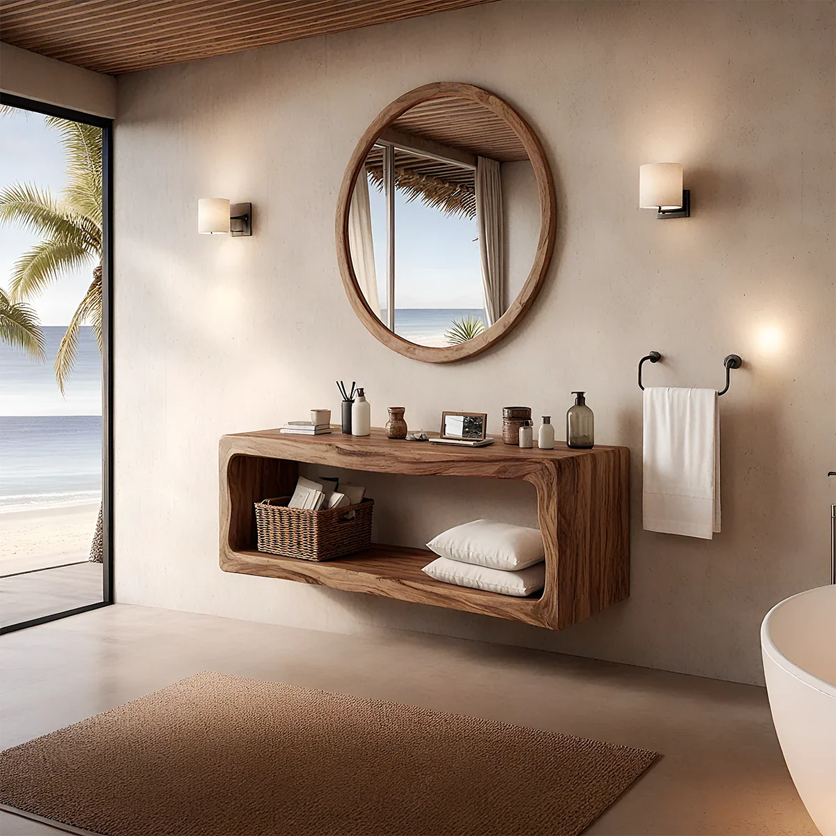 Coastal acacia floating bathroom vanity with open frame shelf
