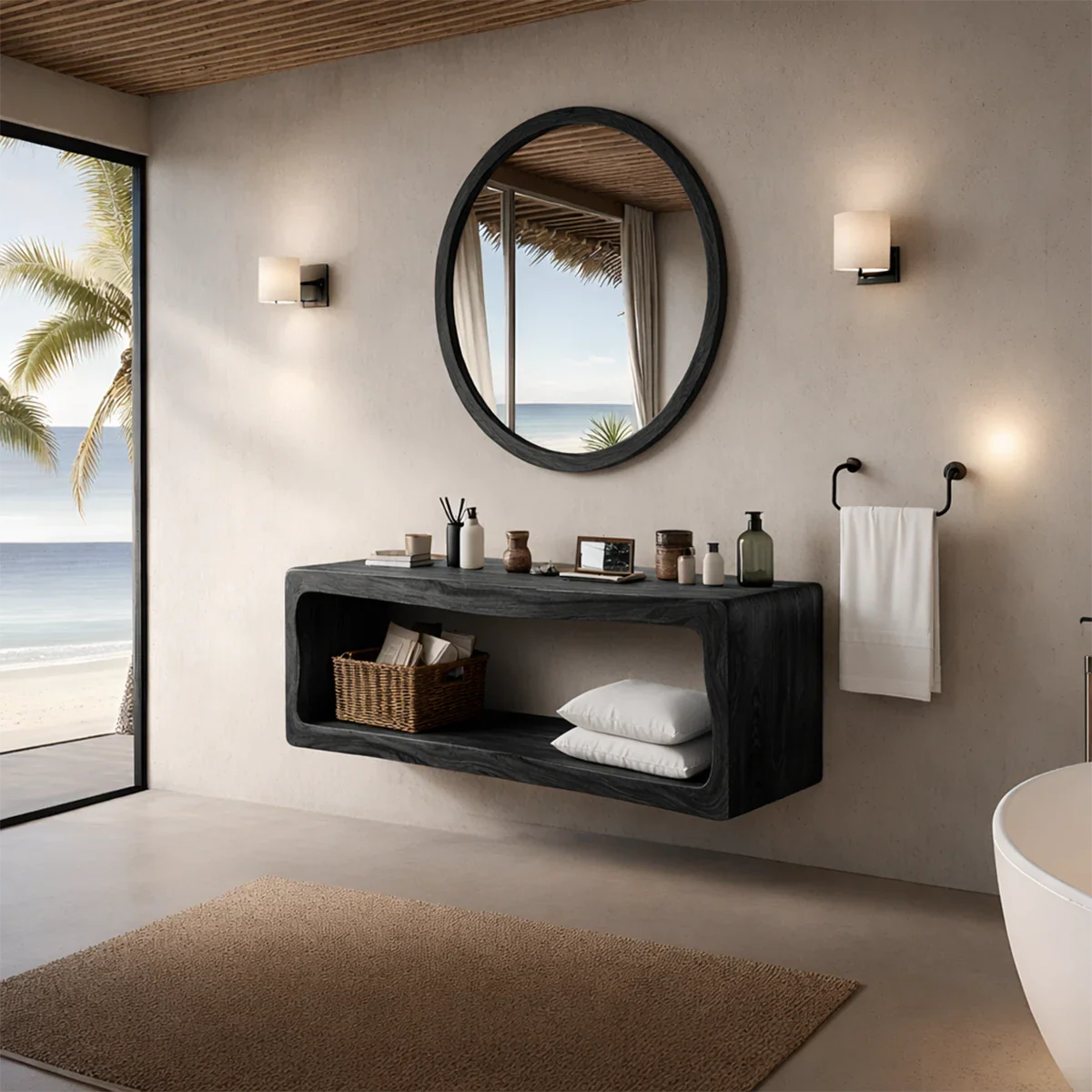 Elegant acacia floating bathroom vanity with warm wood tone