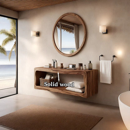 Contemporary acacia floating bathroom vanity with storage shelf