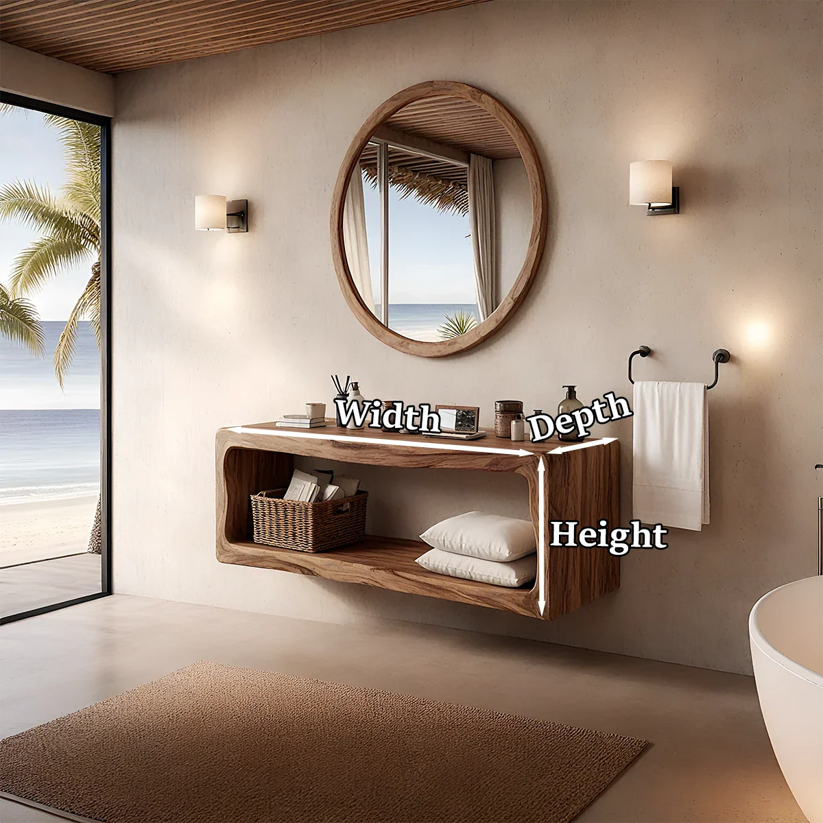 Premium acacia floating bathroom vanity coastal interior style
