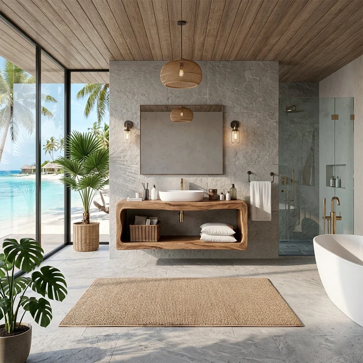 Coastal floating bathroom vanity made from solid acacia wood