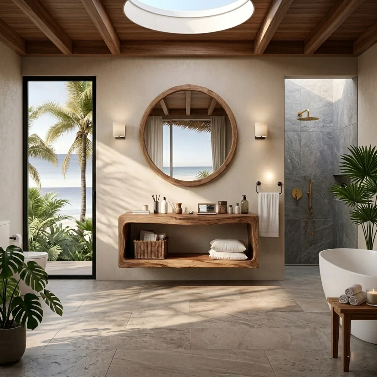 Acacia floating bathroom vanity with natural wood grain