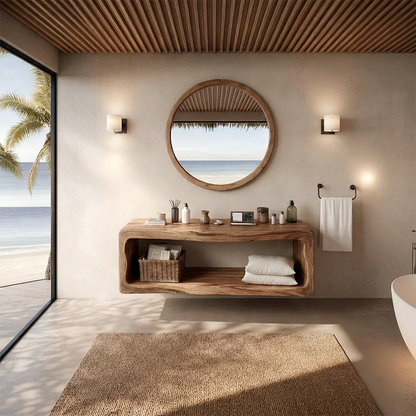 Acacia floating bathroom vanity in coastal style bathroom