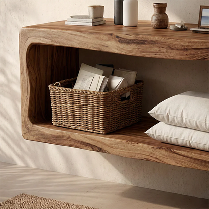 Wall mounted acacia floating bathroom vanity with open storage
