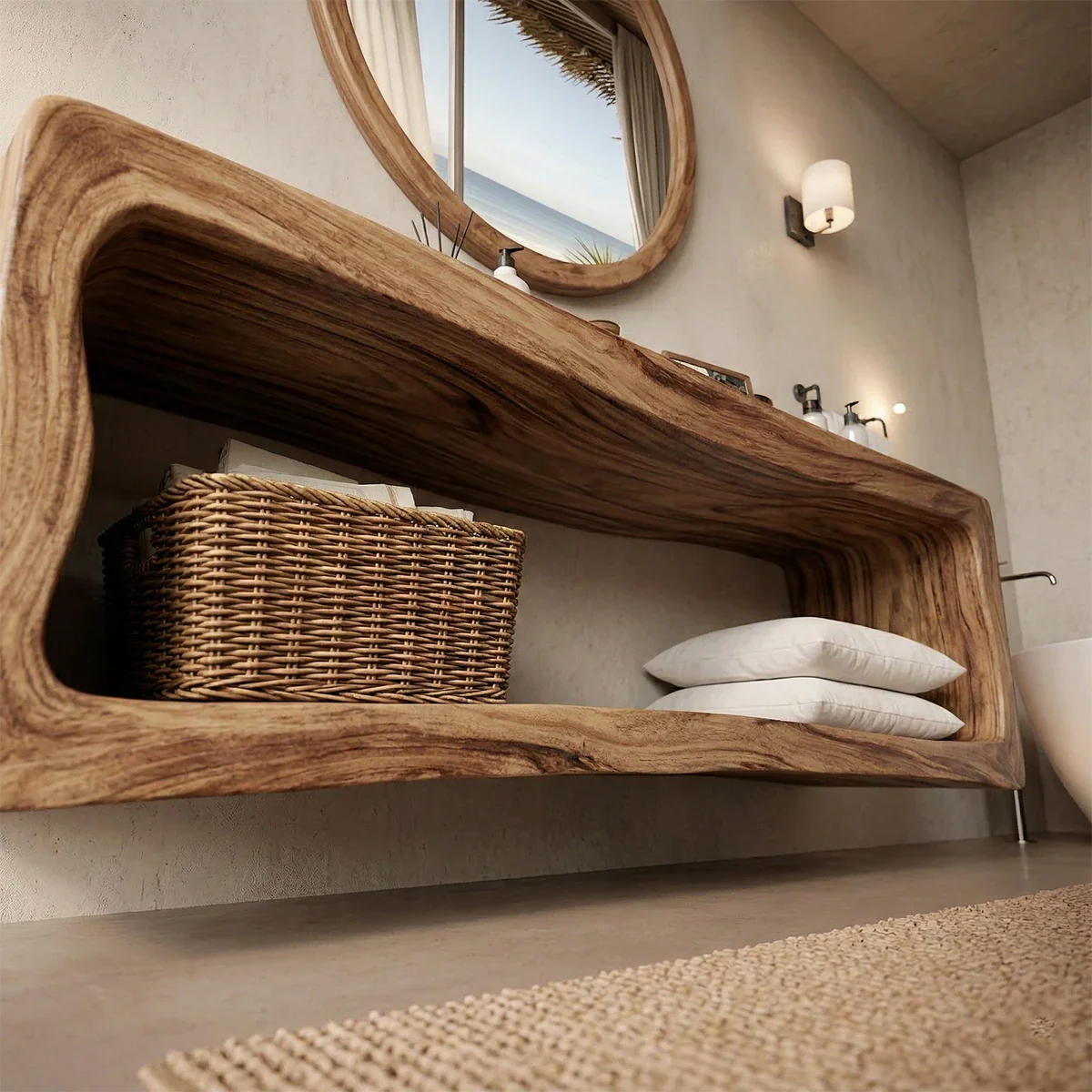 Coastal acacia floating bathroom vanity with minimalist design