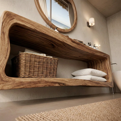 Coastal acacia floating bathroom vanity with minimalist design
