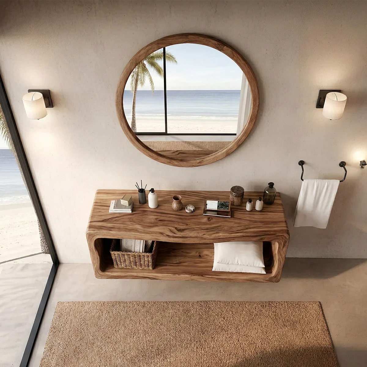 Solid acacia floating bathroom vanity with organic wood texture