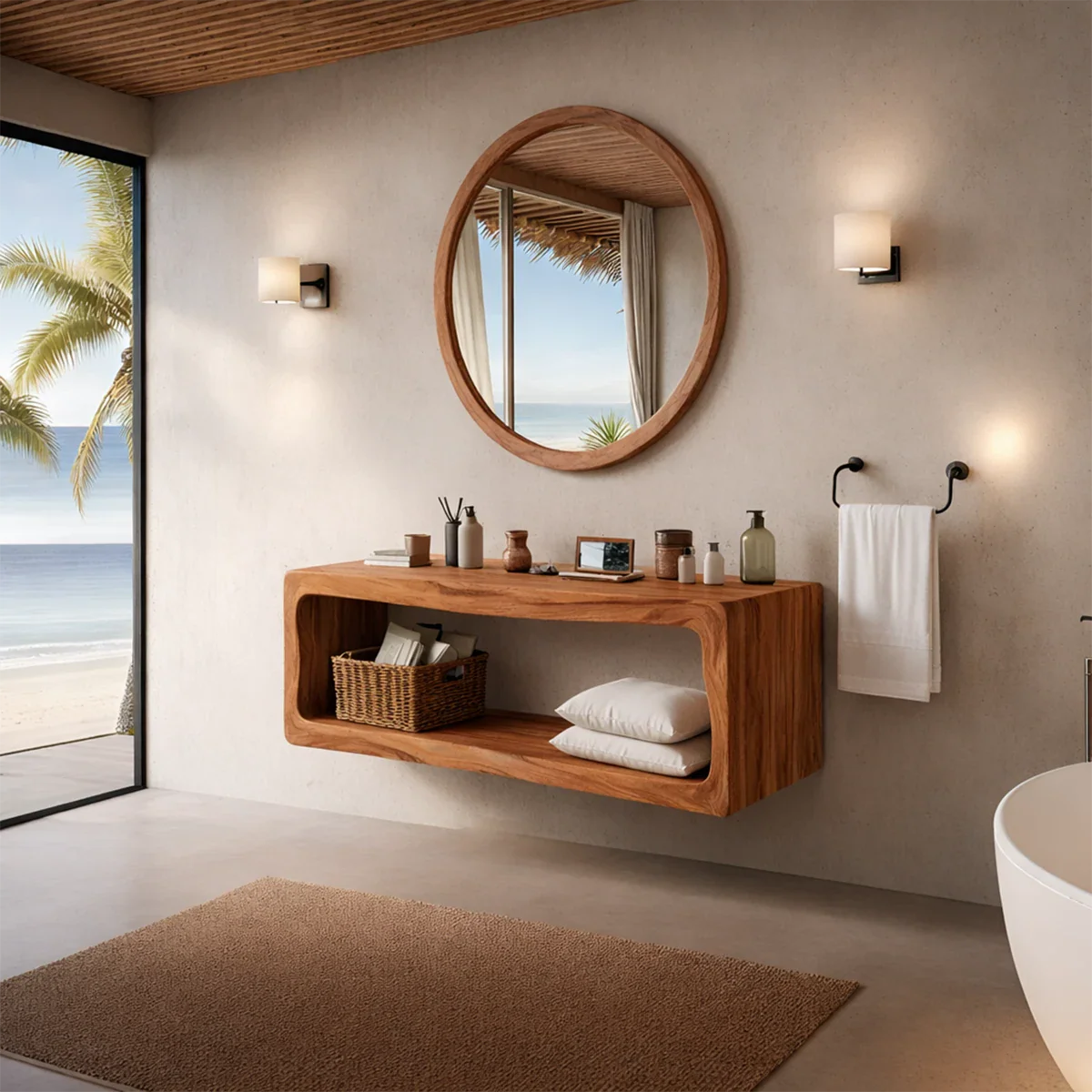 Designer acacia floating bathroom vanity with open shelf