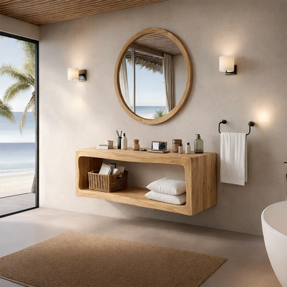 Natural acacia floating bathroom vanity in modern bathroom