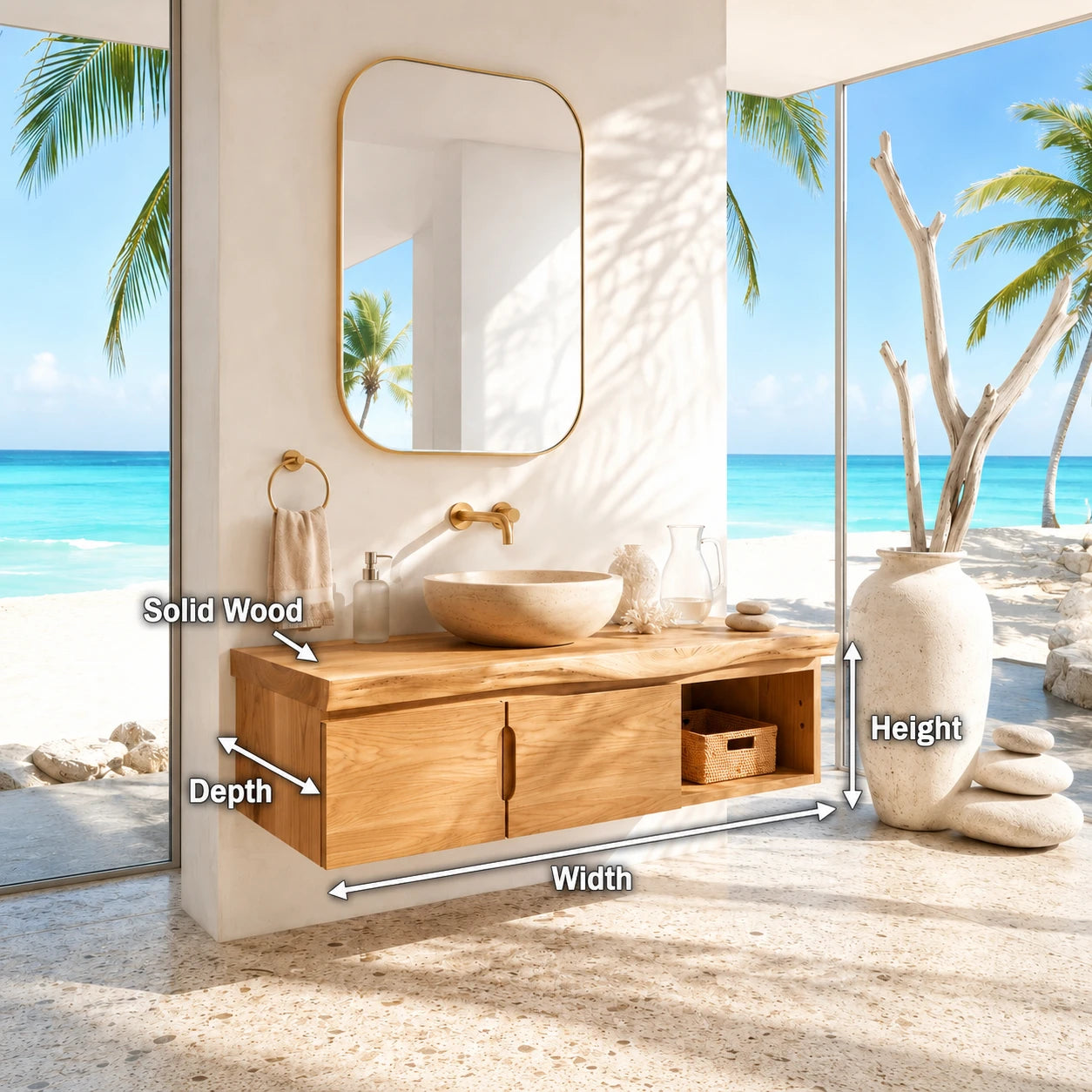 Coastal Floating Vanity in Natural Solid Wood With Two Doors and Open Storage - ArborisWood - 11