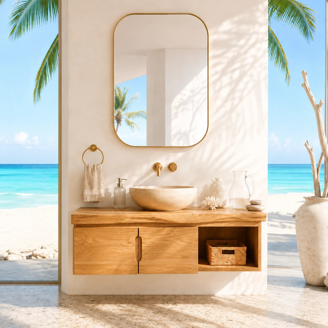Coastal Floating Vanity in Natural Solid Wood With Two Doors and Open Storage - ArborisWood - 12