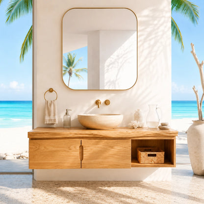 Coastal Floating Vanity in Natural Solid Wood With Two Doors and Open Storage - ArborisWood - 13
