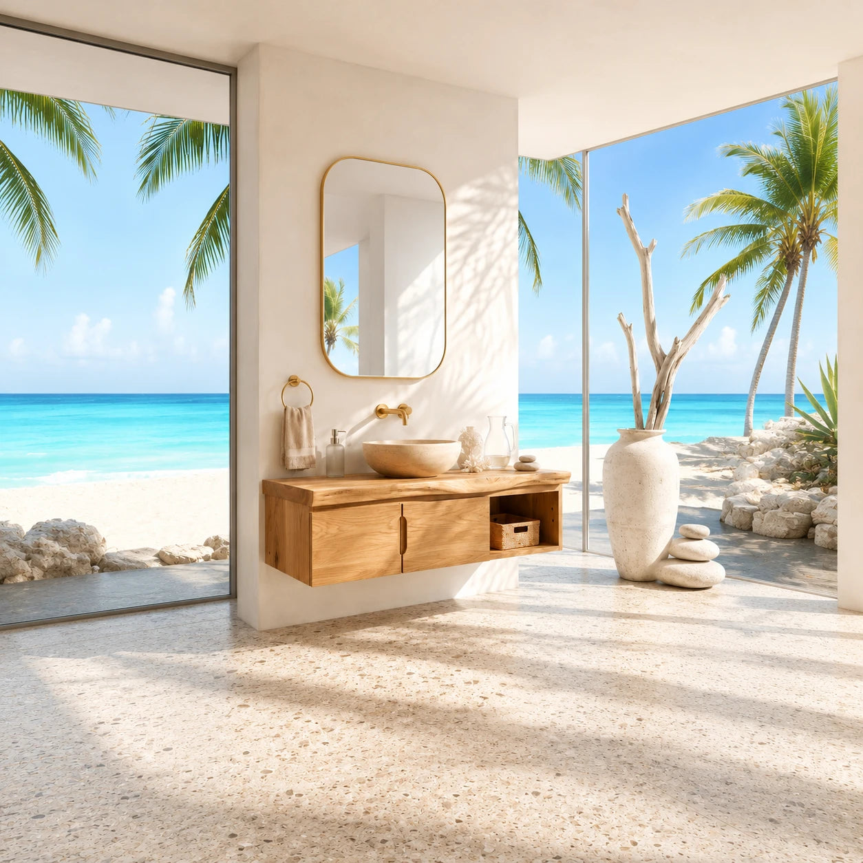 Coastal Floating Vanity in Natural Solid Wood With Two Doors and Open Storage - ArborisWood - 2