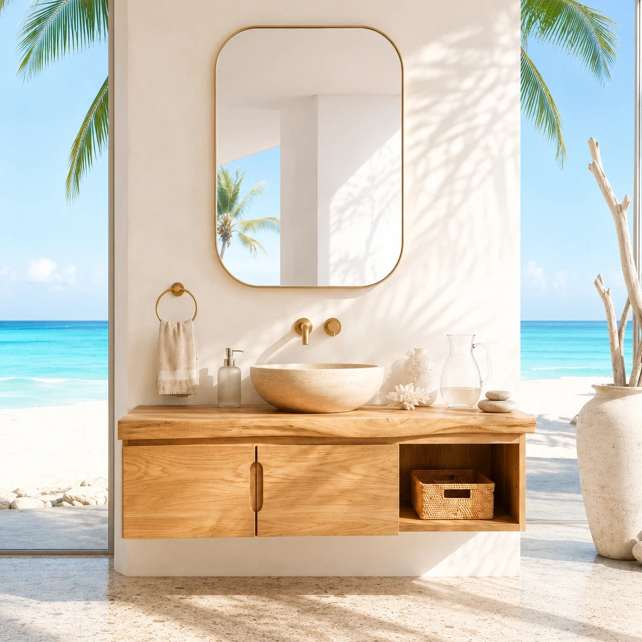 Coastal Floating Vanity in Natural Solid Wood With Two Doors and Open Storage - ArborisWood - 3