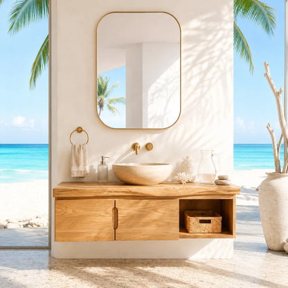 Coastal Floating Vanity in Natural Solid Wood With Two Doors and Open Storage - ArborisWood - 3