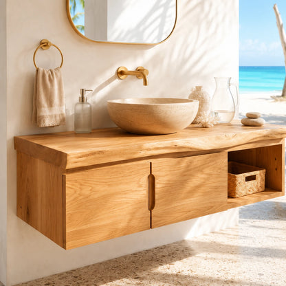 Coastal Floating Vanity in Natural Solid Wood With Two Doors and Open Storage - ArborisWood - 4