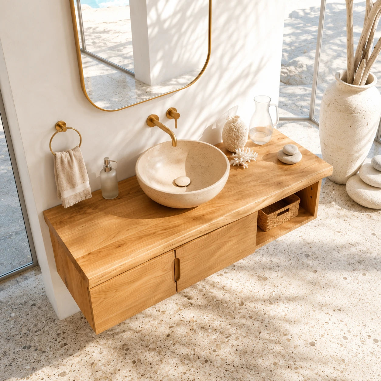 Coastal Floating Vanity in Natural Solid Wood With Two Doors and Open Storage - ArborisWood - 5