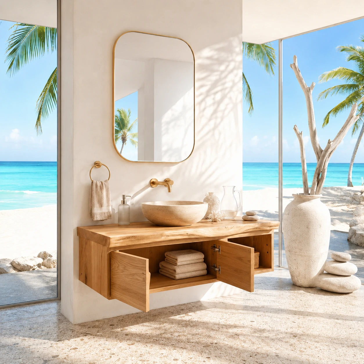Coastal Floating Vanity in Natural Solid Wood With Two Doors and Open Storage - ArborisWood - 6
