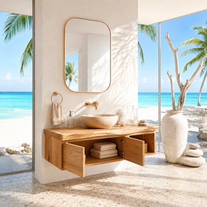 Coastal Floating Vanity in Natural Solid Wood With Two Doors and Open Storage - ArborisWood - 6