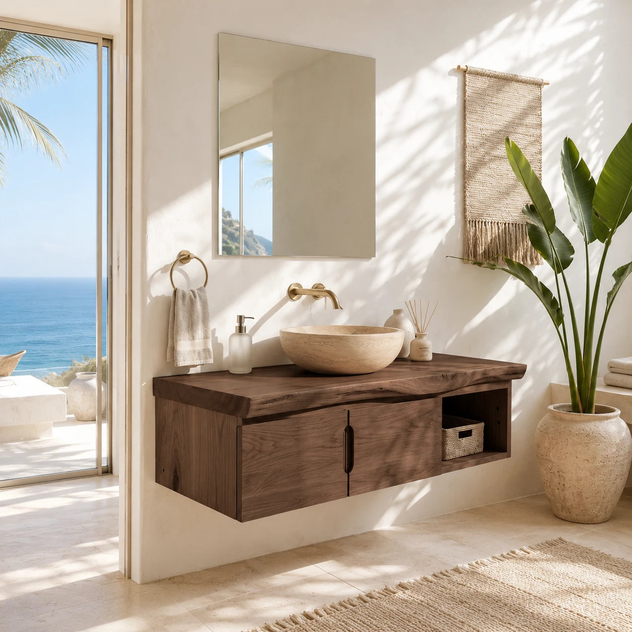 Coastal Floating Vanity in Natural Solid Wood With Two Doors and Open Storage - ArborisWood - 7