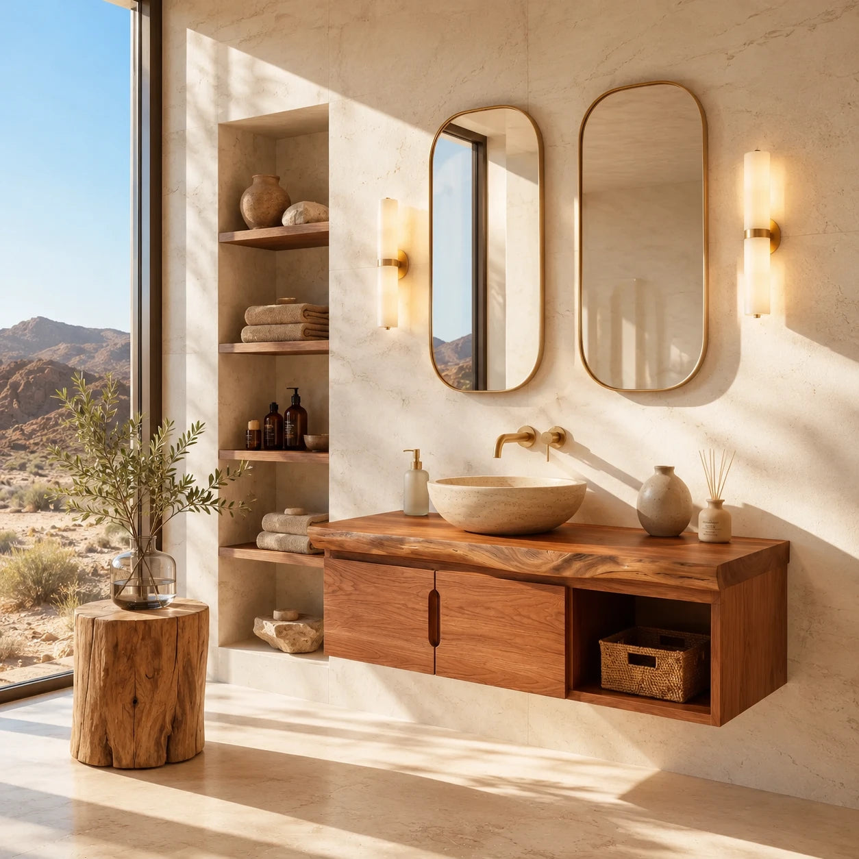 Coastal Floating Vanity in Natural Solid Wood With Two Doors and Open Storage - ArborisWood - 8