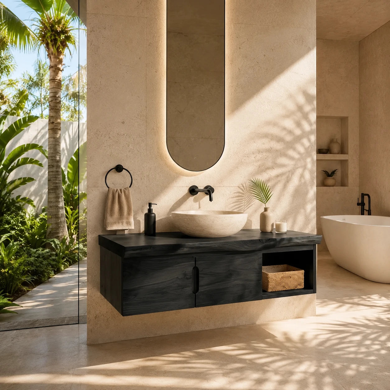 Coastal Floating Vanity in Natural Solid Wood With Two Doors and Open Storage - ArborisWood - 9