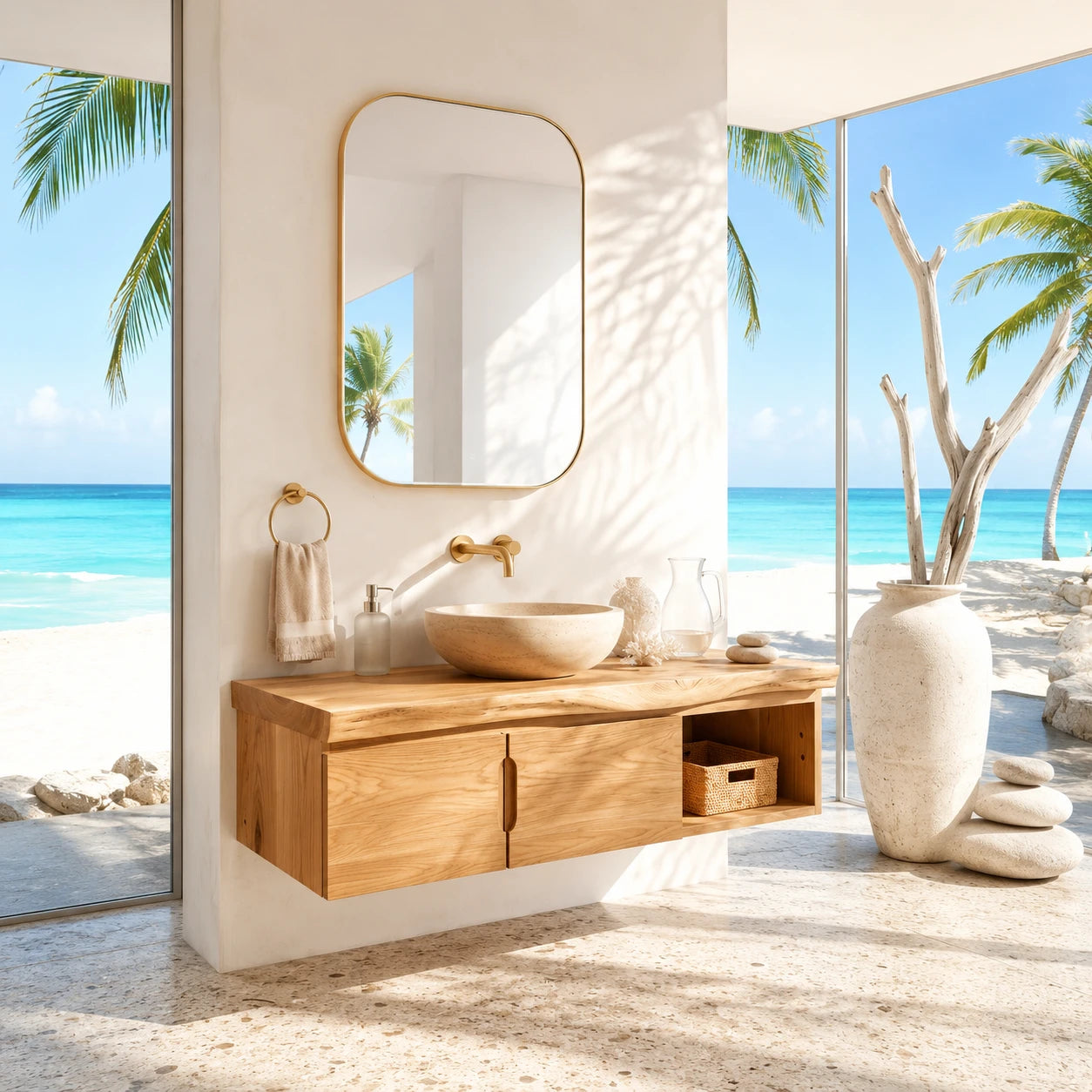 Coastal Floating Vanity in Natural Solid Wood With Two Doors and Open Storage - ArborisWood