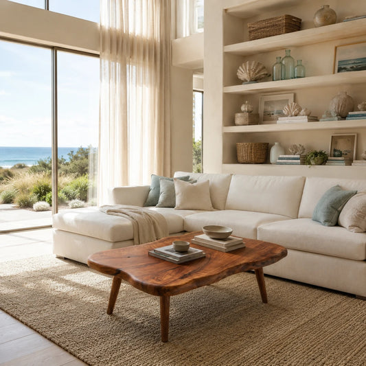 Handcrafted solid wood coffee table with live edge top and tapered legs in a coastal room