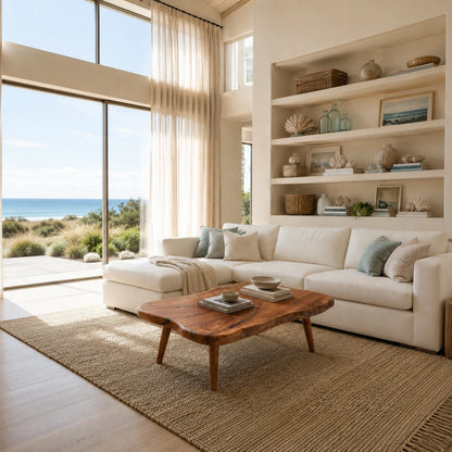 Freeform coffee table with natural curves and solid wood craftsmanship for calm interiors